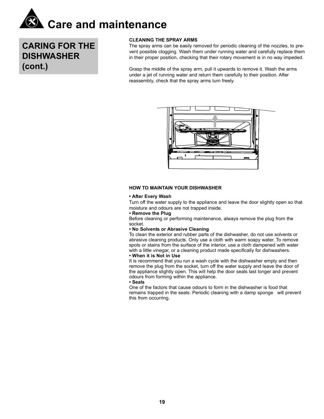 Danby DDW611WLED manual CARING FOR THE Dishwasher, Cleaning The Spray Arms, How To Maintain Your Dishwasher 